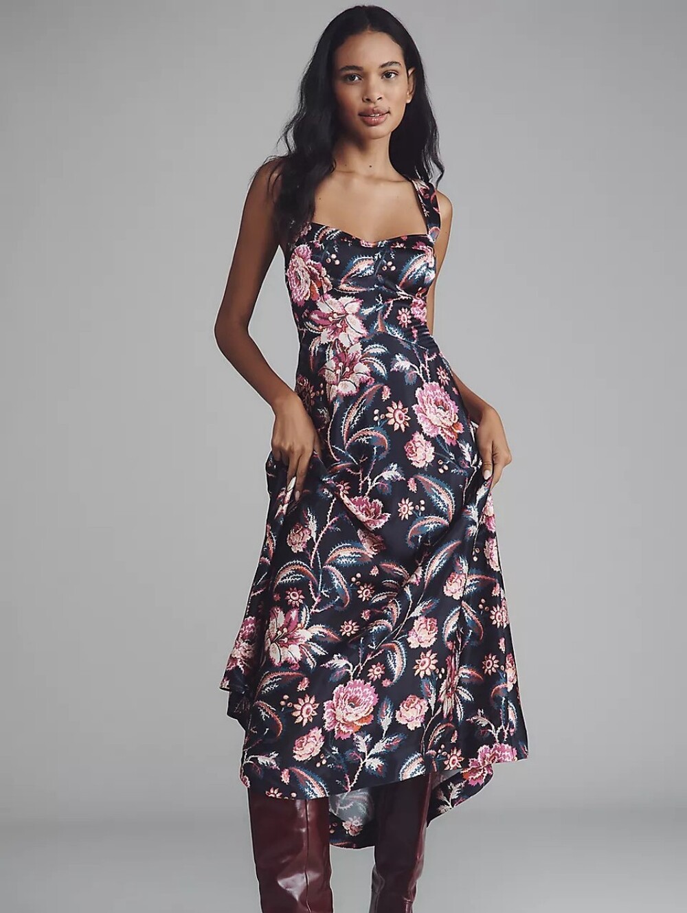 Anthropologie The Jocelyn Black  Pink Floral Sleeveless Slip Midi Dress by Maeve